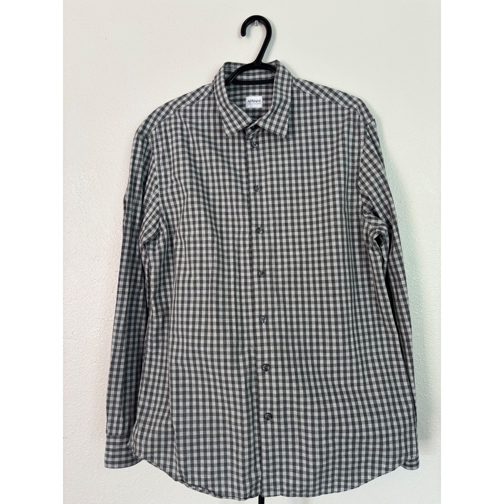 Armani Collezioni Mens Grey Gingham Check Long Sleeve Button Down Shirt Size L